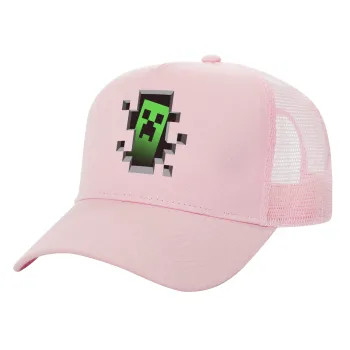 Minecraft creeper, Structured Trucker Children's Hat, with Mesh, PINK (100% COTTON, CHILDREN'S, UNISEX, ONE SIZE)