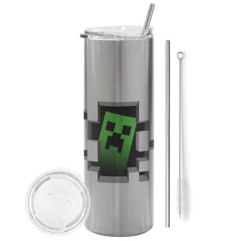 Minecraft creeper, Tumbler ποτήρι θερμό Ασημένιο από ανοξείδωτο ατσάλι 600ml, με μεταλλικό καλαμάκι & βούρτσα καθαρισμού