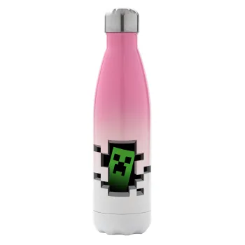 Minecraft creeper, Μεταλλικό παγούρι θερμός Ροζ/Λευκό (Stainless steel), διπλού τοιχώματος, 500ml