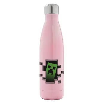 Minecraft creeper, Μεταλλικό παγούρι θερμός Ροζ Ιριδίζον (Stainless steel), διπλού τοιχώματος, 500ml