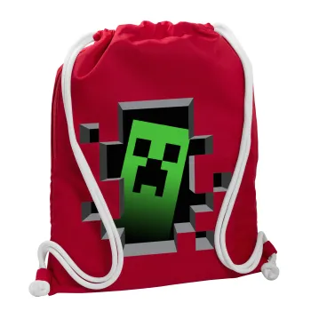Minecraft creeper, Τσάντα πλάτης πουγκί GYMBAG Κόκκινη, με τσέπη (40x48cm) & χονδρά κορδόνια