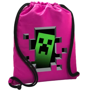 Minecraft creeper, Τσάντα πλάτης πουγκί GYMBAG Φούξια, με τσέπη (40x48cm) & χονδρά κορδόνια