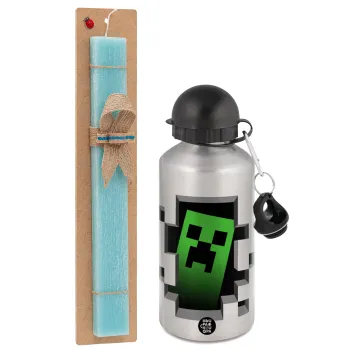 Minecraft creeper, Easter Set, metallic silver aluminum water bottle (500ml) & scented flat Easter candle (30cm) (TURQUOISE)