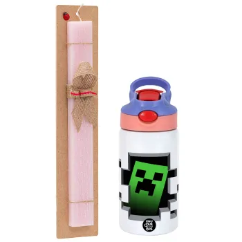 Minecraft creeper, Easter Set, Children's thermal stainless steel water bottle with safety straw, pink/purple (350ml) & Easter scented flat candle (30cm) (PINK)