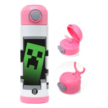 Minecraft creeper, Children's hot water bottle, stainless steel, with safety straw, PINK (500ml)