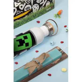 Minecraft creeper, Easter Set, metallic silver aluminum water bottle (500ml) & scented flat Easter candle (30cm) (TURQUOISE)