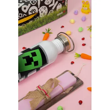 Minecraft creeper, Easter Set, SS Metallic water bottle (620ml, stainless steel) & scented flat Easter candle (30cm) (PINK)
