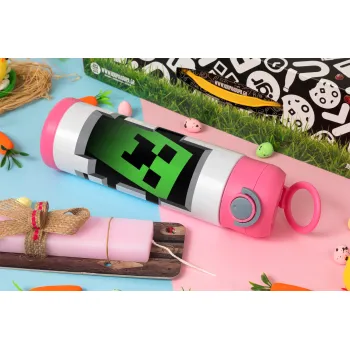 Minecraft creeper, Easter candle, Childrens hot water bottle, stainless steel, with safety straw, PINK (500ml)