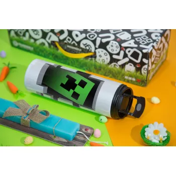 Minecraft creeper, Πασχαλινή Λαμπάδα με Travel Tumbler θερμό με διπλό καπάκι (600ml, BPA free) & κερί αρωματικό πλακέ (30cm) (ΤΙΡΚΟΥΑΖ)