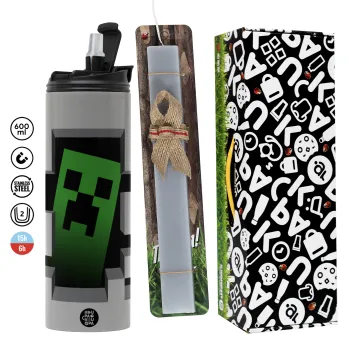 Minecraft creeper, Easter candle with Grey Tumbler Thermo 600ml & aromatic flat candle (30cm) (GREY)