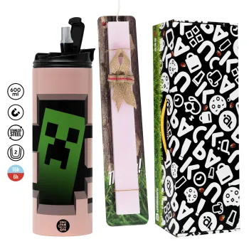Minecraft creeper, Easter candle,Travel Tumbler 2 Lids, with metal straw & cleaning brush & aromatic flat candle (30cm) (PINK)
