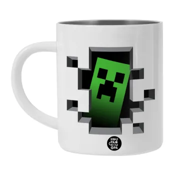 Minecraft creeper, Λευκή Ανοξείδωτη Μεταλλική Κούπα 450ml - Διπλού Τοιχώματος 