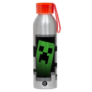 Minecraft creeper, Αλουμινένιο Αθλητικό Μπουκάλι 650ml – Ασημί με Κόκκινο Καπάκι και Λουράκι Σιλικόνης