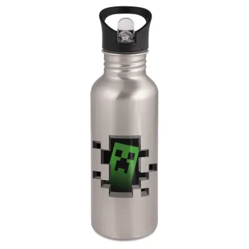 Minecraft creeper, Παγούρι νερού Ασημένιο με καλαμάκι, ανοξείδωτο ατσάλι 600ml