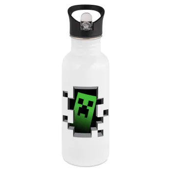 Minecraft creeper, White water bottle with straw, stainless steel 600ml