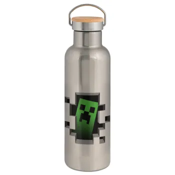 Minecraft creeper, Stainless steel Silver with wooden lid (bamboo), double wall, 750ml
