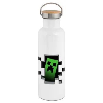 Minecraft creeper, Μεταλλικό παγούρι θερμός (Stainless steel) Λευκό με ξύλινο καπάκι (bamboo), διπλού τοιχώματος, 750ml