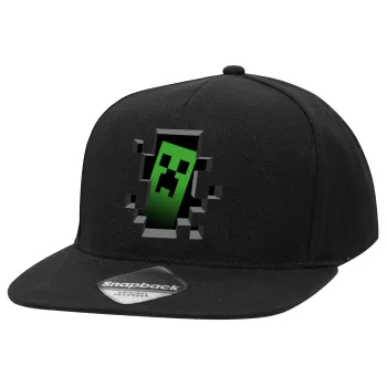 Minecraft creeper, Καπέλο Ενηλίκων Flat Snapback Μαύρο, (100% ΒΑΜΒΑΚΕΡΟ TWILL, ΕΝΗΛΙΚΩΝ, UNISEX, ONE SIZE)