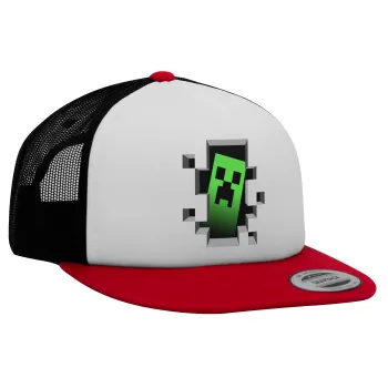 Minecraft creeper, Adult Foam Flat Snapback with Mesh Red-White-Black (POLYESTER, ADULT, UNISEX, ONE SIZE)