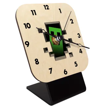 Minecraft creeper, Quartz Table clock in natural wood (10cm)