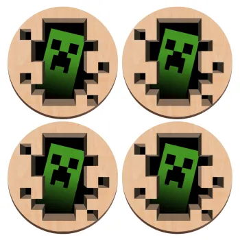 Minecraft creeper, ΣΕΤ x4 Σουβέρ ξύλινα στρογγυλά plywood (9cm)