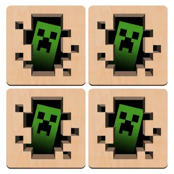 Minecraft creeper, ΣΕΤ x4 Σουβέρ ξύλινα τετράγωνα plywood (9cm)