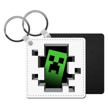 Minecraft creeper, Μπρελόκ Δερματίνη, τετράγωνο ΜΑΥΡΟ (5x5cm)