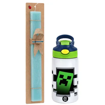 Minecraft creeper, Easter Set, Children's thermal stainless steel bottle with safety straw, green/blue (350ml) & aromatic flat Easter candle (30cm) (TURQUOISE)