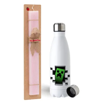 Minecraft creeper, Easter Set, metallic stainless steel water bottle (750ml) & scented flat Easter candle (30cm) (PINK)