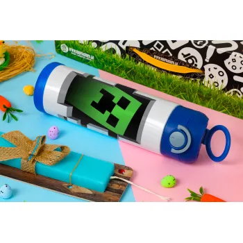 Minecraft creeper, Easter candle, Childrens hot water bottle, stainless steel, with safety straw, BLUE (500ml)