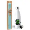 Easter Set, metallic stainless steel water bottle (750ml) & aromatic flat Easter candle (30cm) (TURQUOISE)