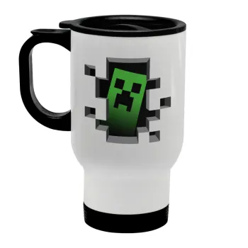 Minecraft creeper, Stainless steel travel mug with lid, double wall white 450ml