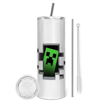 Minecraft creeper, Tumbler ποτήρι θερμό από ανοξείδωτο ατσάλι 600ml, με μεταλλικό καλαμάκι & βούρτσα καθαρισμού