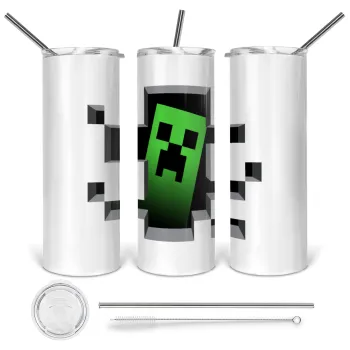 Minecraft creeper, Tumbler ποτήρι θερμό από ανοξείδωτο ατσάλι 600ml, με μεταλλικό καλαμάκι & βούρτσα καθαρισμού