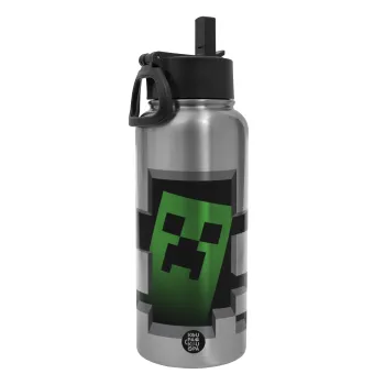 Minecraft creeper, Metal mug thermo Silver with Straw and Spout Lid (Stainless steel), double wall, 950ml