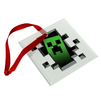 Minecraft creeper, Christmas ornament, glass square ornament 9x9cm