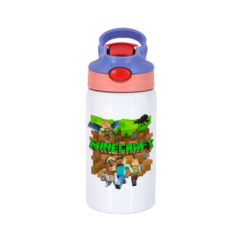 Minecraft characters, Children's hot water bottle, stainless steel, with safety straw, pink/purple (350ml)