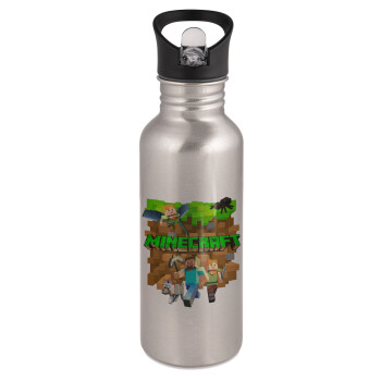 Minecraft characters, Water bottle Silver with straw, stainless steel 600ml