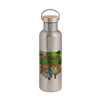 Minecraft characters, Stainless steel Silver with wooden lid (bamboo), double wall, 750ml