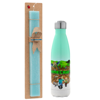 Minecraft characters, Easter Set, Metallic green/white thermos (Stainless steel), double-walled, 500ml & scented flat Easter candle (30cm) (TURQUOISE)