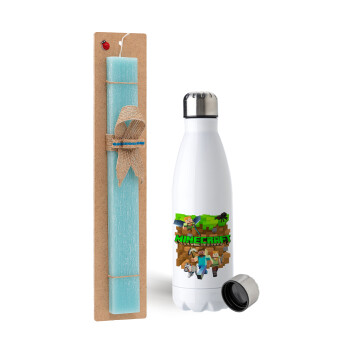Minecraft characters, Easter Set, metallic stainless steel water bottle (750ml) & aromatic flat Easter candle (30cm) (TURQUOISE)