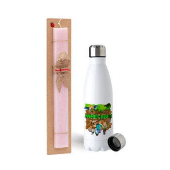 Minecraft characters, Easter Set, metallic stainless steel water bottle (750ml) & scented flat Easter candle (30cm) (PINK)
