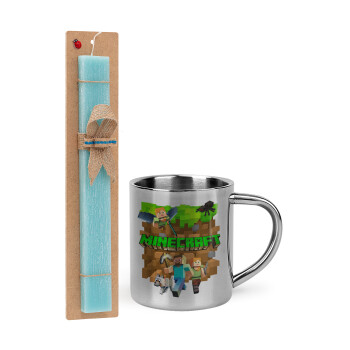 Minecraft characters, Easter Set, metallic thermal cup (300ml) & aromatic flat Easter candle (30cm) (TURQUOISE)