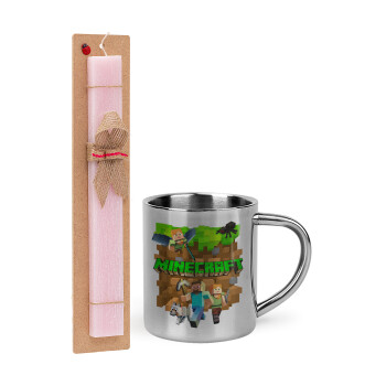 Minecraft characters, Easter Set, metallic thermal cup (300ml) & aromatic flat Easter candle (30cm) (PINK)