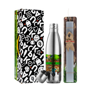 Minecraft characters, Easter Set, metallic stainless thermos flask (500ml) & scented flat Easter candle (30cm) (GRAY)