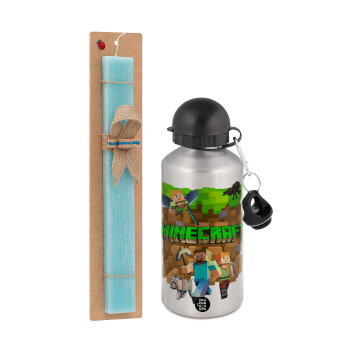 Minecraft characters, Easter Set, metallic silver aluminum water bottle (500ml) & scented flat Easter candle (30cm) (TURQUOISE)