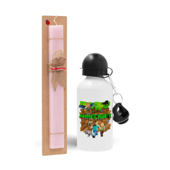 Minecraft characters, Easter Set, metallic aluminum bottle (500ml) & aromatic flat Easter candle (30cm) (PINK)