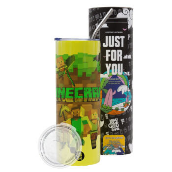 Minecraft characters, Neon Yellow Travel Tumbler, with metal straw (Stainless steel 304 Food grade, BPA free, 600ml)