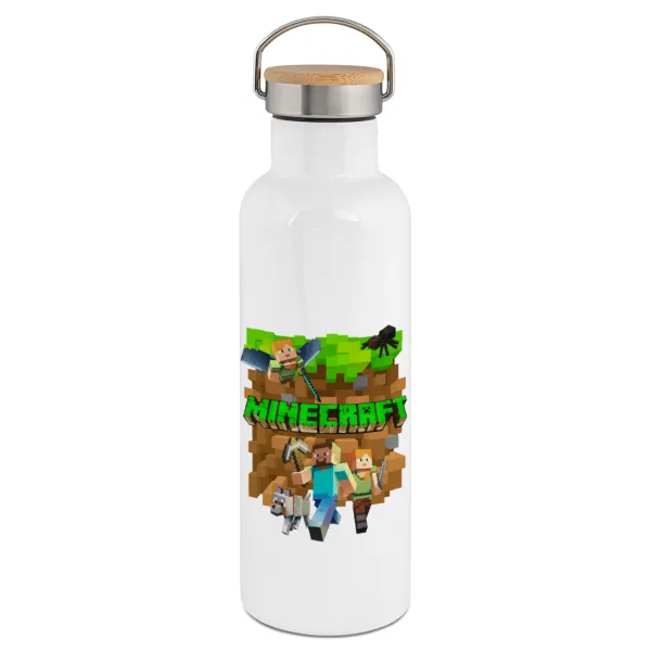 Minecraft characters — Stainless steel White with wooden lid (bamboo), double wall, 750ml