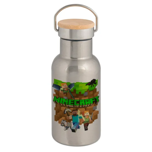 Minecraft characters — Stainless steel metallic thermos flask, silver with a bamboo lid, double-walled, 350ml.